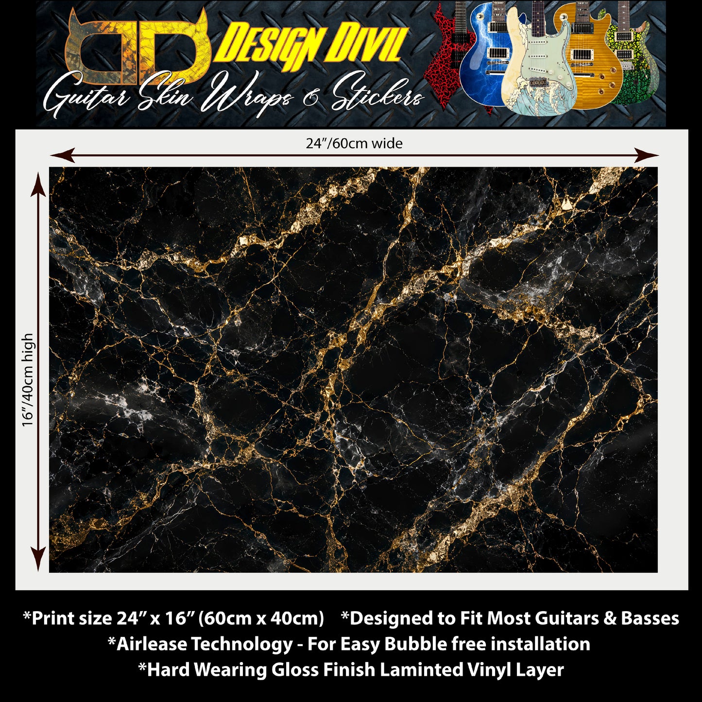Guitar Vinyl Wrap Skins The Black Marble Laminated Vinyl Print for Guitars or Bass