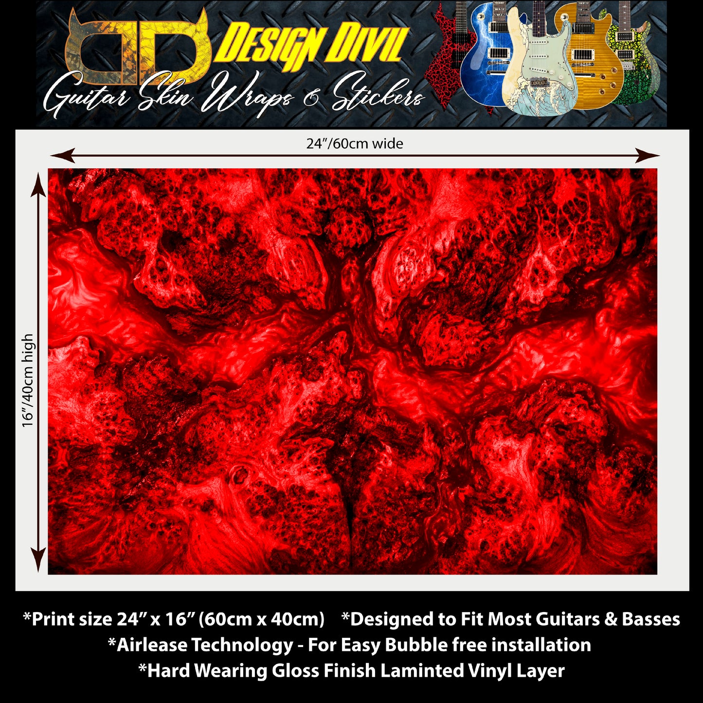 Guitar Vinyl Wrap Skins The Red Lava Burl Laminated Vinyl Print for Guitars or Bass