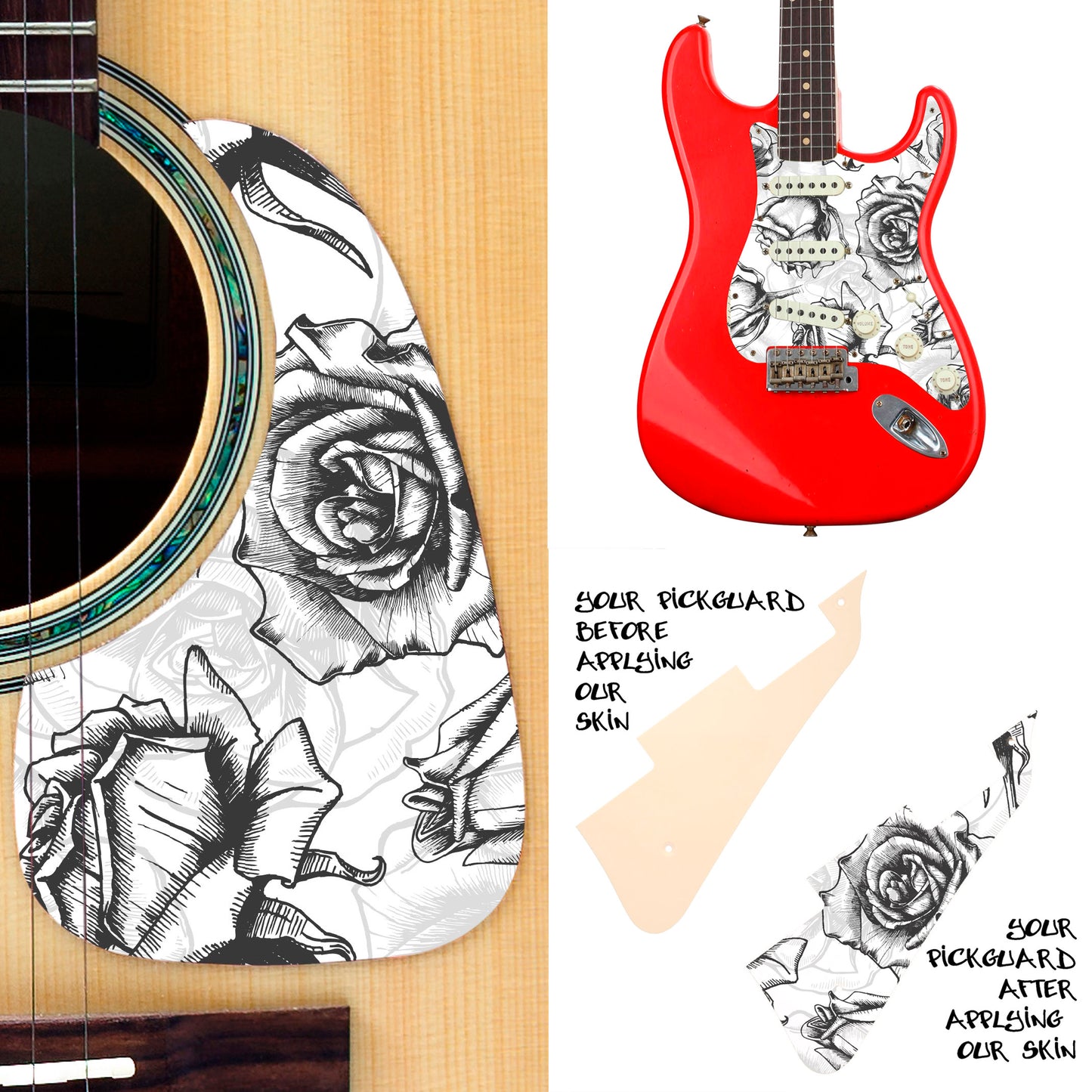 Guitar Custom PickGuard Sticker Skins. Customise your own existing Pickguard, Headstock, Tremolo Cover plate. The Roses PK13