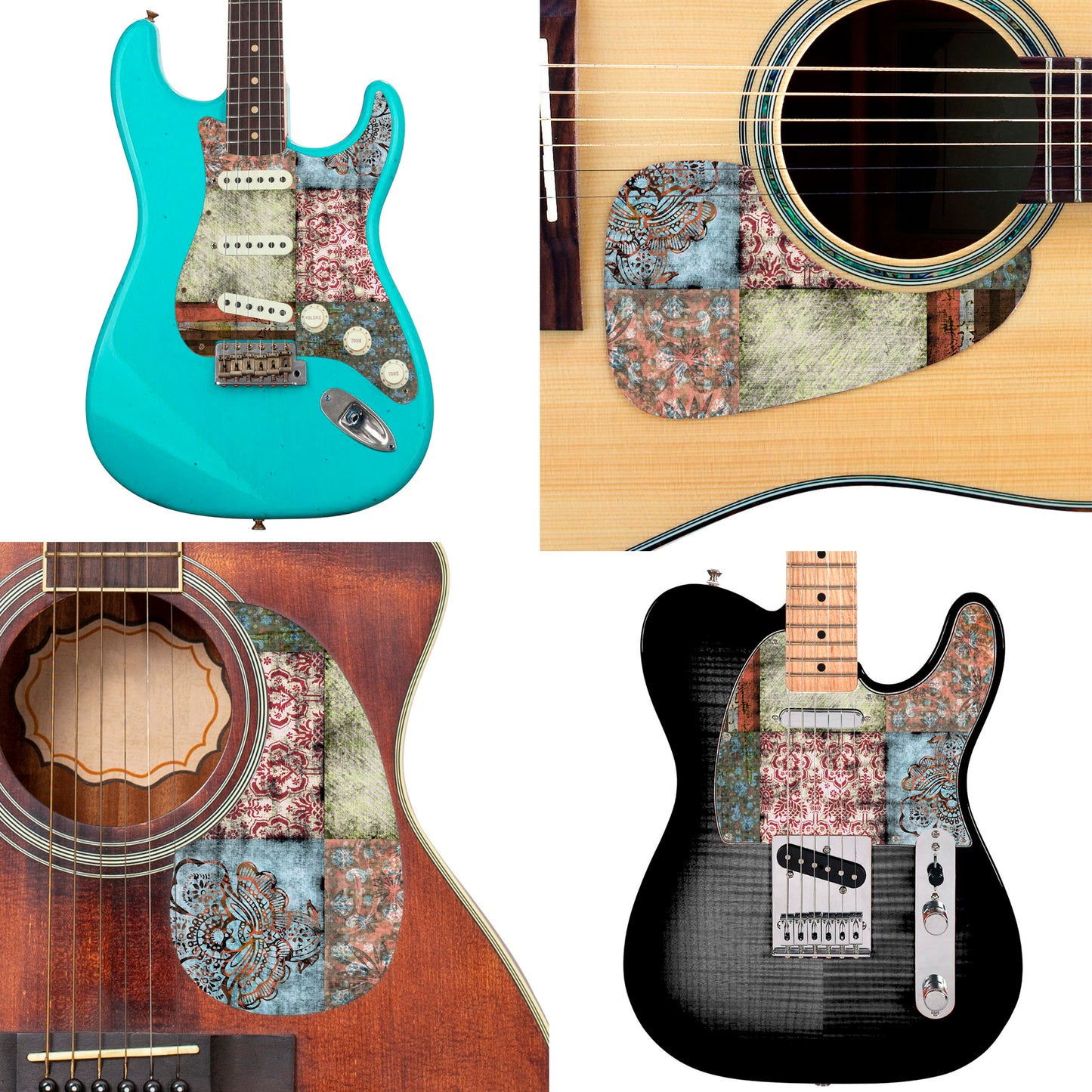 Guitar Custom PickGuard Sticker Skins. Customise your own existing Pickguard, Headstock, Tremolo Cover plate. 4 options, The Quilted Patches