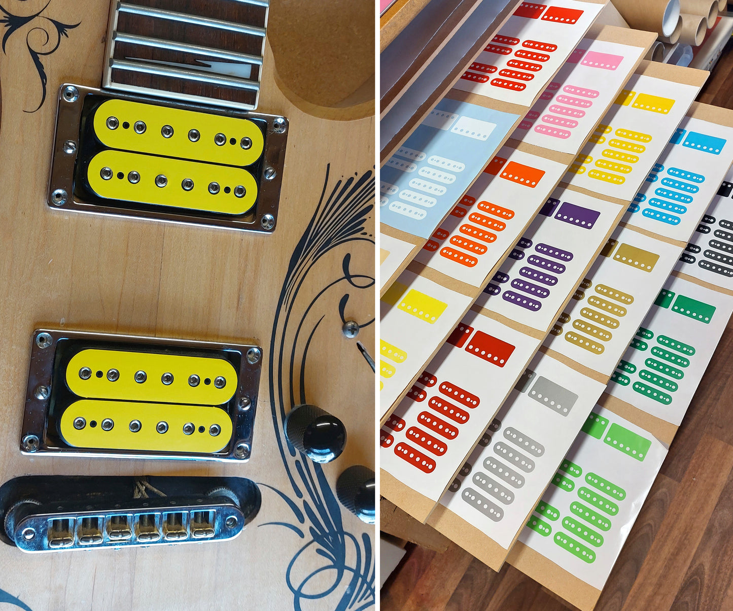 Guitar Pickup Inlay Decal Stickers. 7 different Pick up Sizes. 15 Colour Options.
