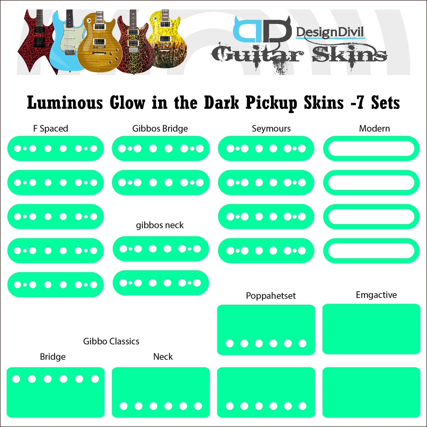 Luminous Guitar Pickup Inlay Decal Stickers. Glow in the Dark Vinyl ,7 Sets.