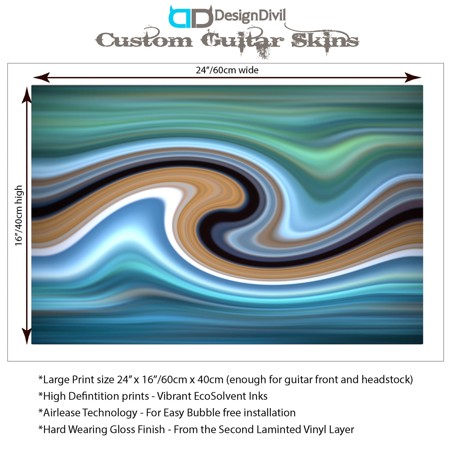 Custom Guitar Skin Wrap Laminated Air Lease Printed Decal Vinyl. Blue Wave GS03