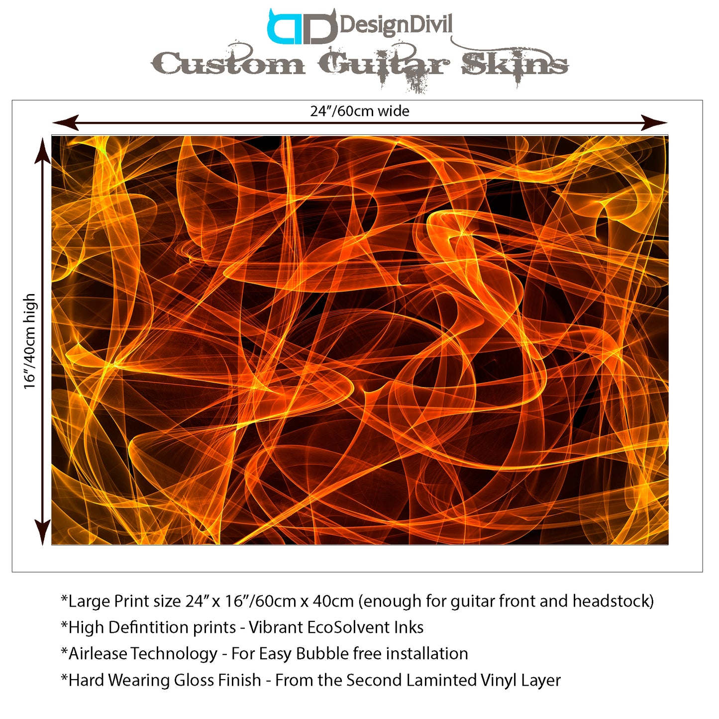 DesignDivil Custom Guitar Skin Vinyl Wrap Laminated Air Lease Print Decal. Flame Swirl GS10
