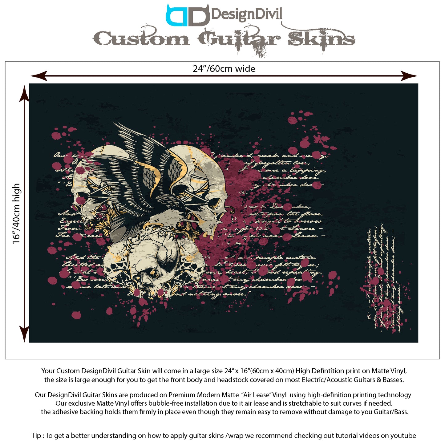 Custom Guitar Skin Vinyl Wrap Laminated Air Lease Print Decal. Zombie Skulls GS17