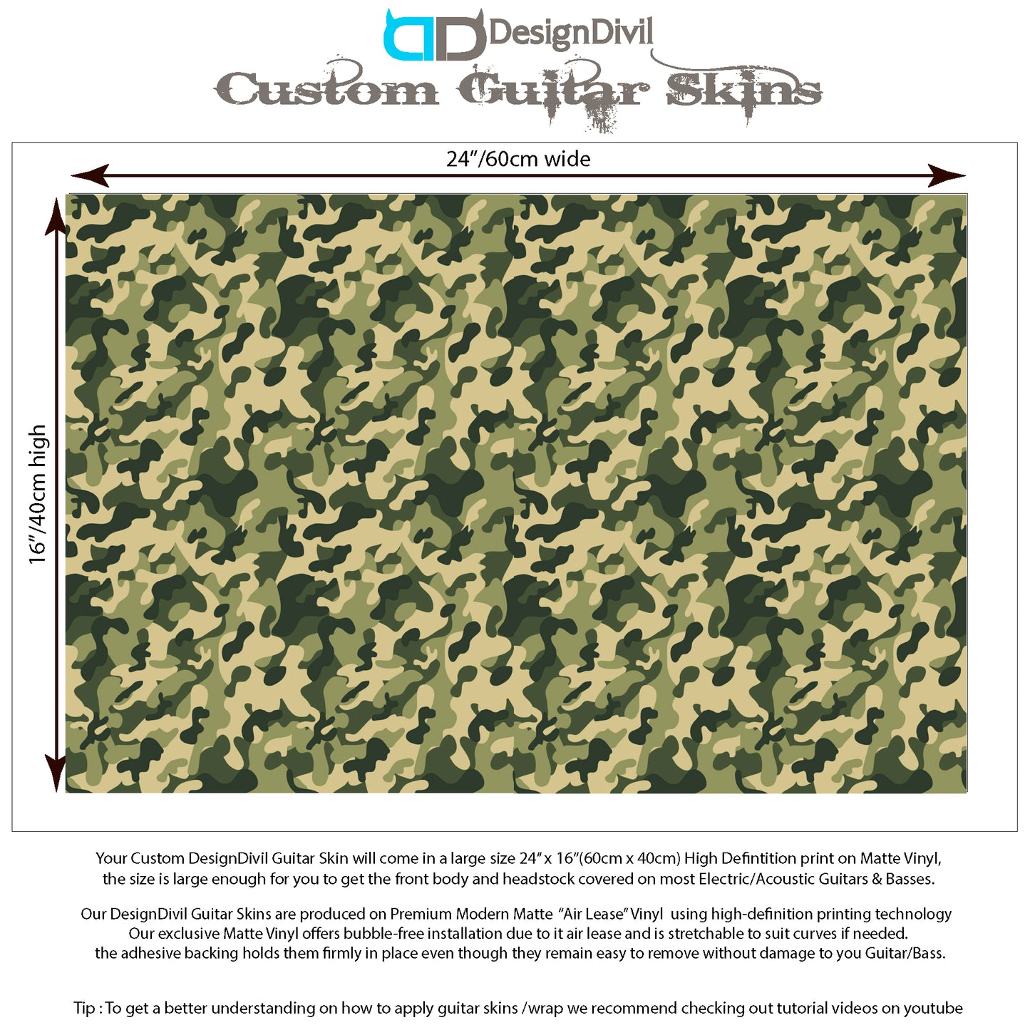 DesignDivil Custom Guitar Skin Vinyl Wrap Laminated Air Lease Print Decal. Jungle Camo GS19