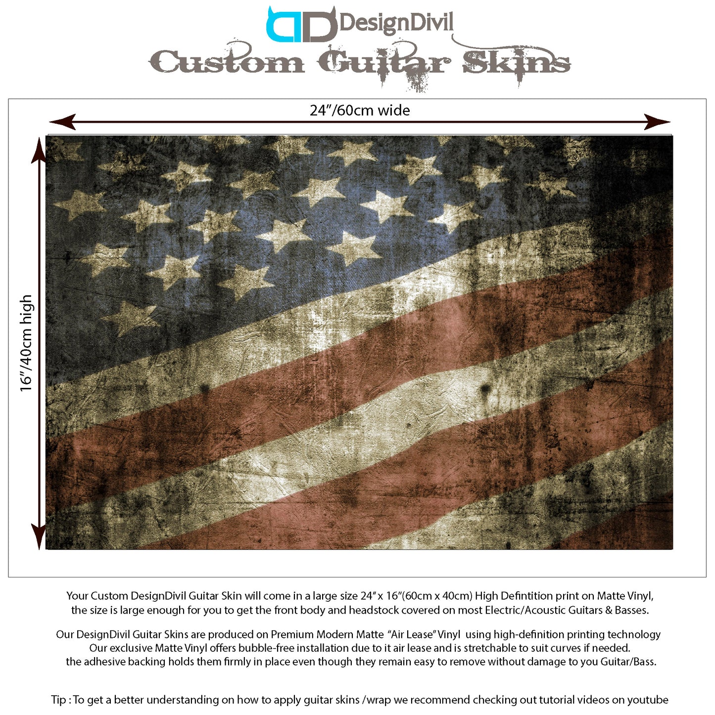 DesignDivil Custom Guitar Skin Wrap Laminated Vinyl Air Lease Decal. USA Grunge Flag GS20