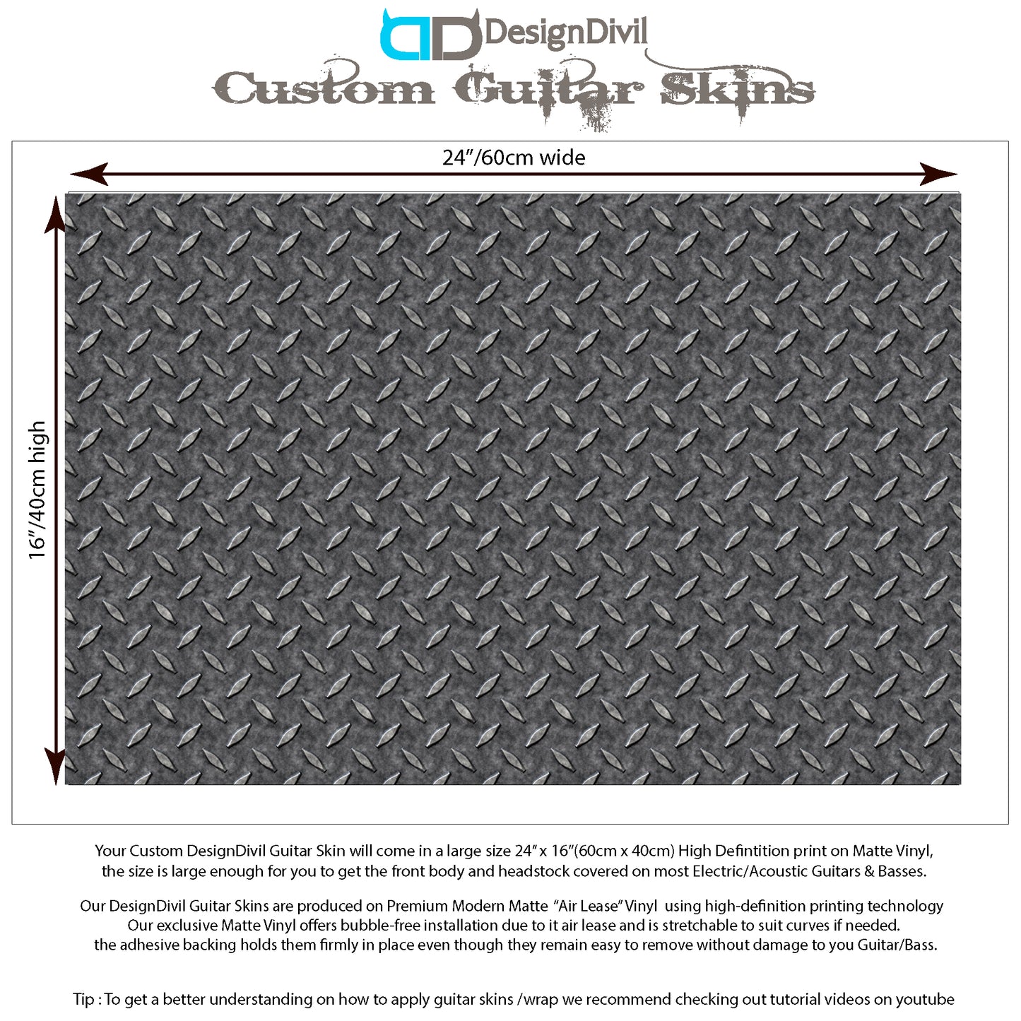 Custom Guitar Skin Wrap Laminated Vinyl Air Lease Decal Diamond Plate GS21