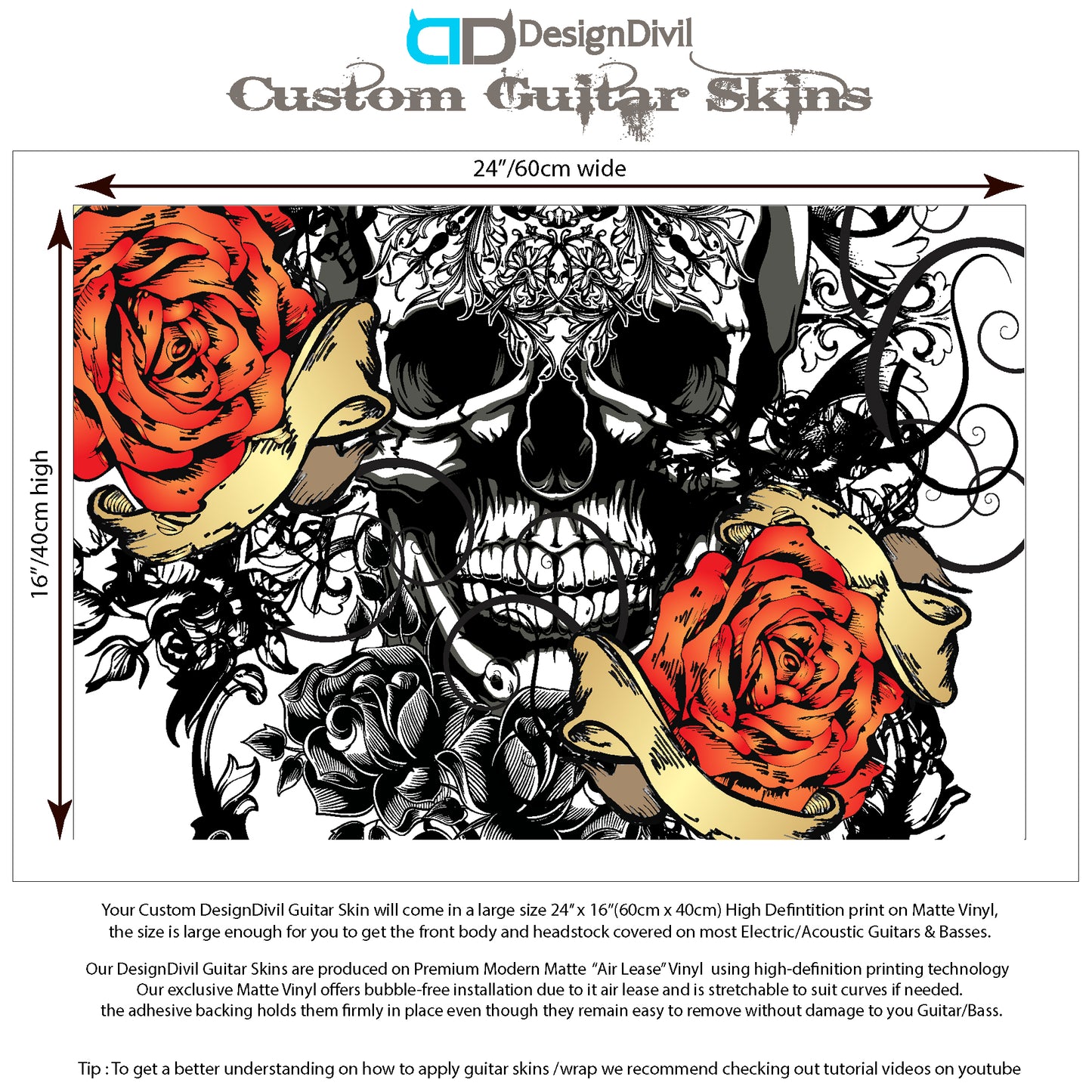 DesignDivil Custom Guitar Skin Wrap Laminated Vinyl Air Lease Decal. Manga Skull Tattoo GS22