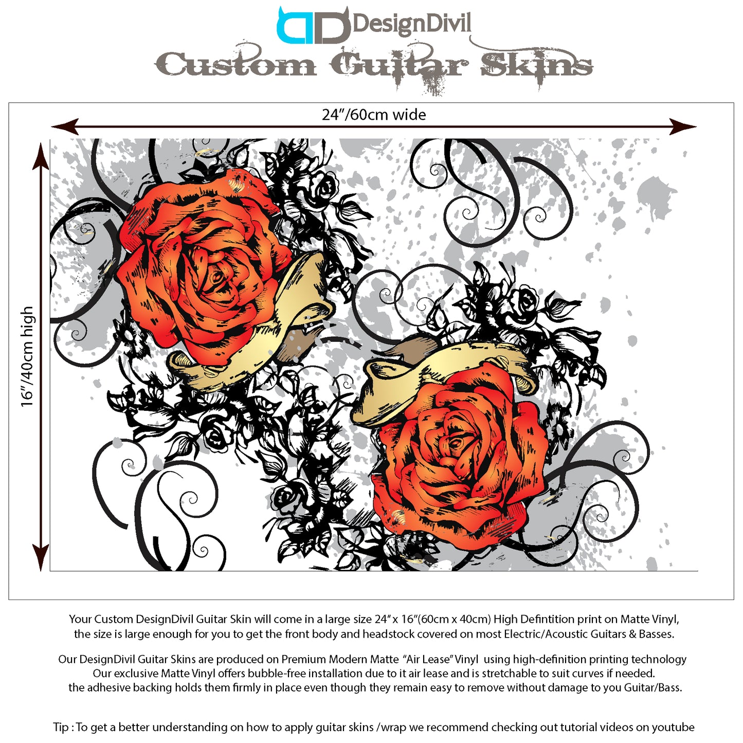 DesignDivil Custom Guitar Skin Wrap Laminated Vinyl Air Lease Decal. Manga Rose Tattoo GS23