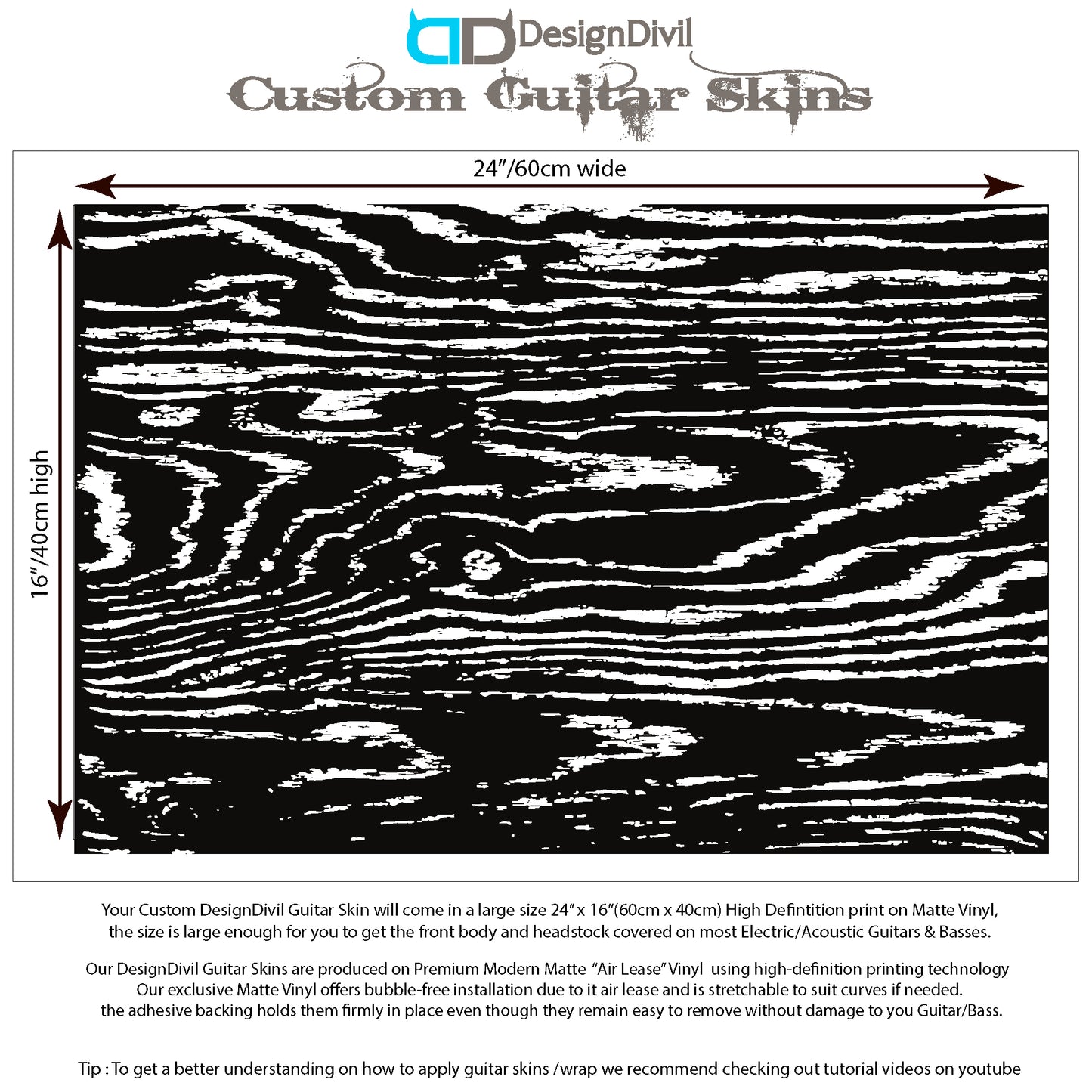 Guitar, Bass and Acoustic Skin Wrap Laminated Vinyl Decal Sticker. The Grain B&W GS24