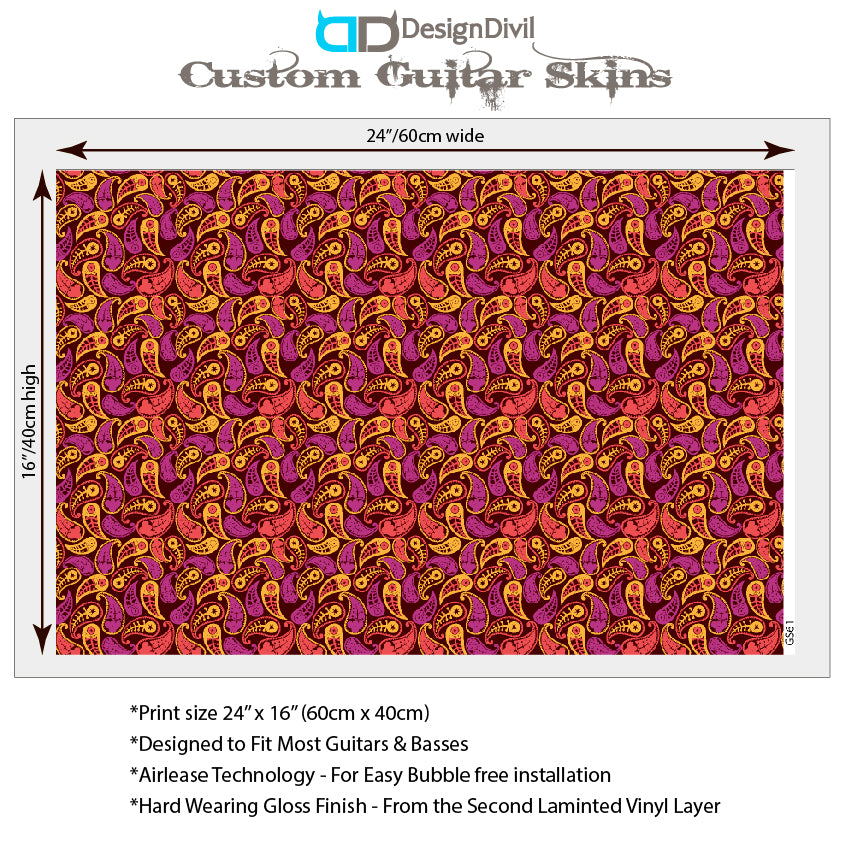 Guitar, Bass or Acoustic Skin Wrap Laminated Vinyl Decal Sticker. 60's Paisley GS61