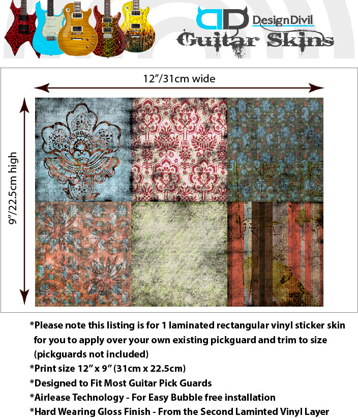 Guitar Custom PickGuard Sticker Skins. Customise your own existing Pickguard, Headstock, Tremolo Cover plate. 4 options, The Quilted Patches