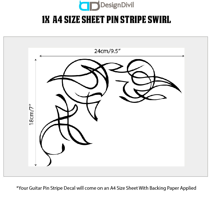 Custom Made Pin Stripe Swirl Decal Sticker Fits Guitars & Basses. Colour Options Available.