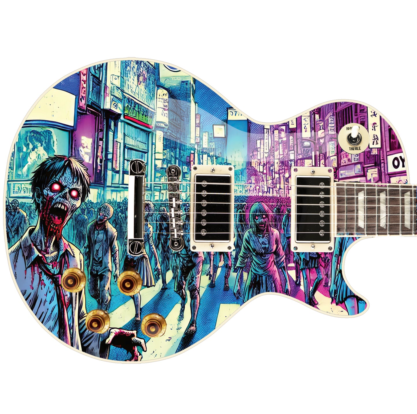 Guitar or Bass 'Tokyo Zombie Horde' Manga Style Custom Skin Wrap - Laminated Printed Vinyl Sticker Decal