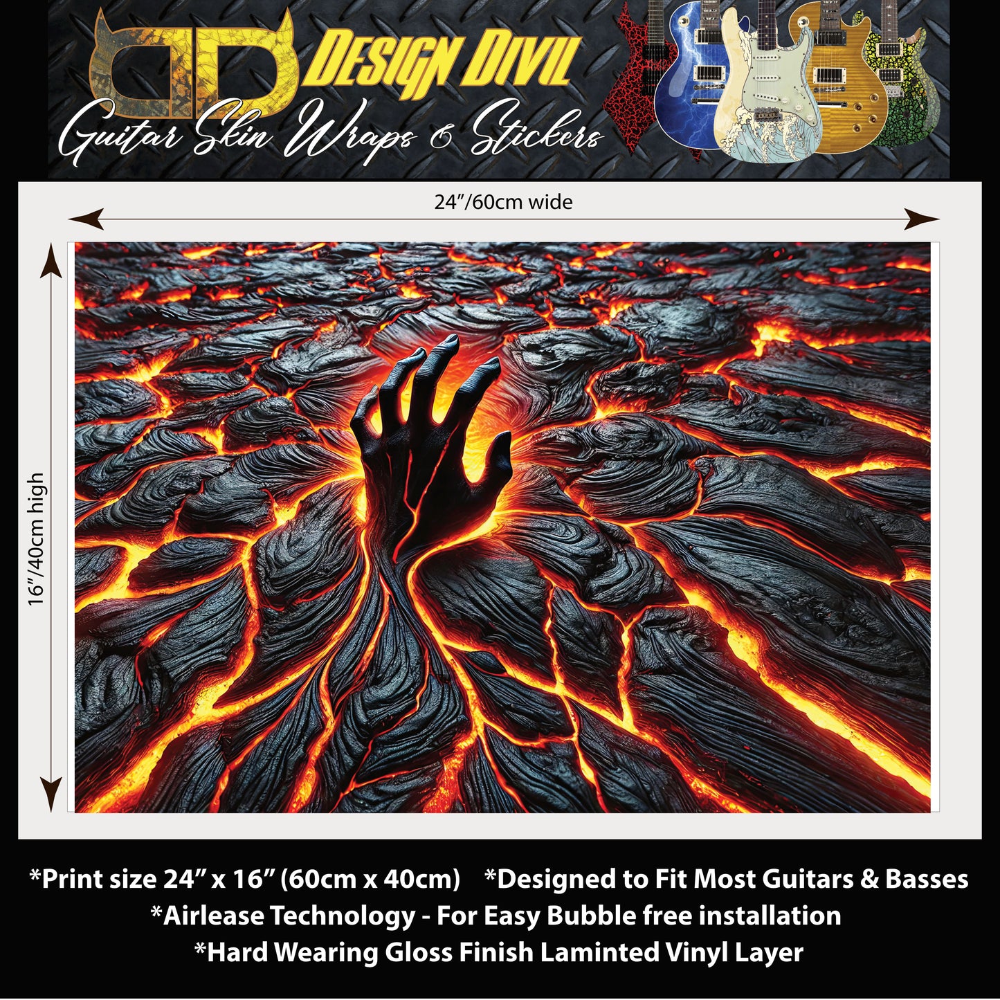 Guitar 'The Lava Hand' Horror Fan Skin Wrap - Custom Laminated Printed Vinyl Sticker Decal - Fits most Guitars and Basses.