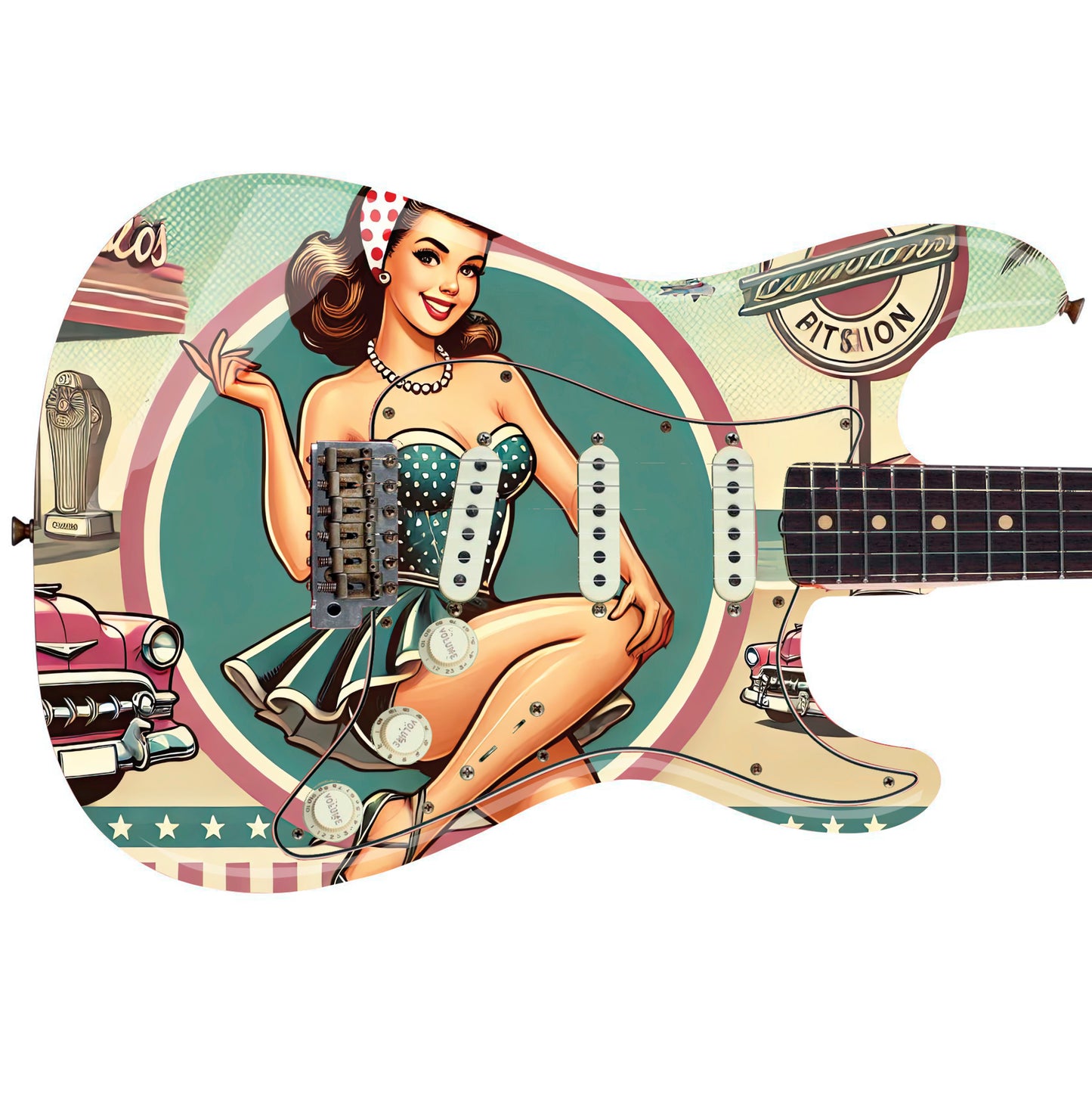 The Vintage Pin-up Girl Guitar Cover Skin Wrap - Laminated Printed Vinyl Sticker Decal - Fits most Guitars and Basses.