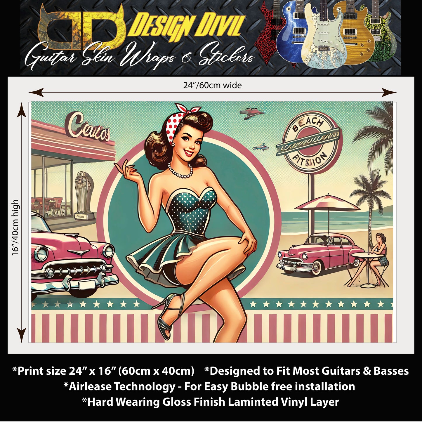 The Vintage Pin-up Girl Guitar Cover Skin Wrap - Laminated Printed Vinyl Sticker Decal - Fits most Guitars and Basses.