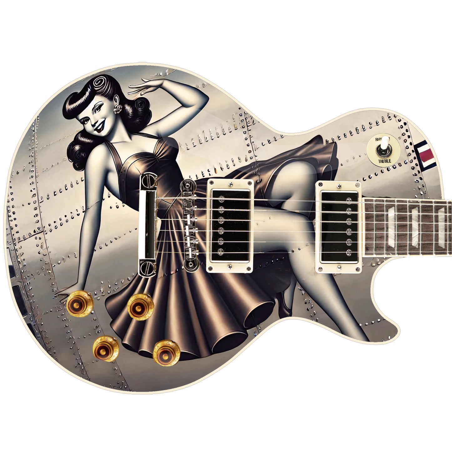 The Vintage War Pin-up Girl Guitar Cover Skin Wrap - Laminated Printed Vinyl Sticker Decal - Fits most Guitars and Basses.