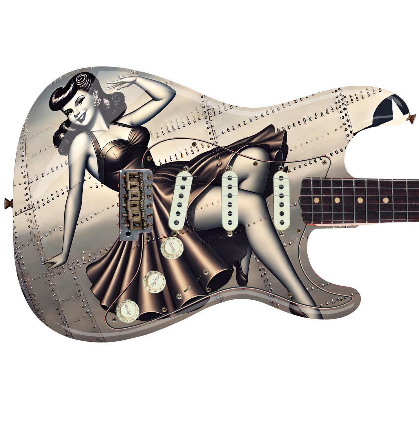 The Vintage War Pin-up Girl Guitar Cover Skin Wrap - Laminated Printed Vinyl Sticker Decal - Fits most Guitars and Basses.