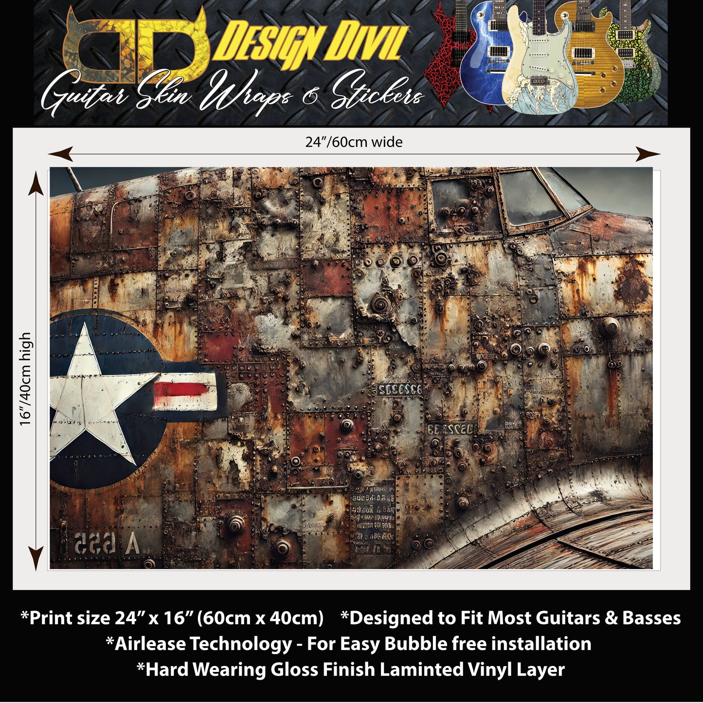 The Rusty War Dog Guitar Skin Wrap - Laminated Printed Graphics Vinyl Sticker Decal - Fits most Guitars and Basses.