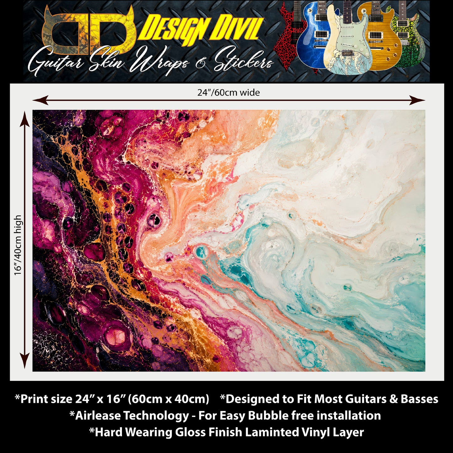 Swirling Abstract Fluid Art Guitar Vinyl Wrap – Laminated Printed Vinyl Skin Decal