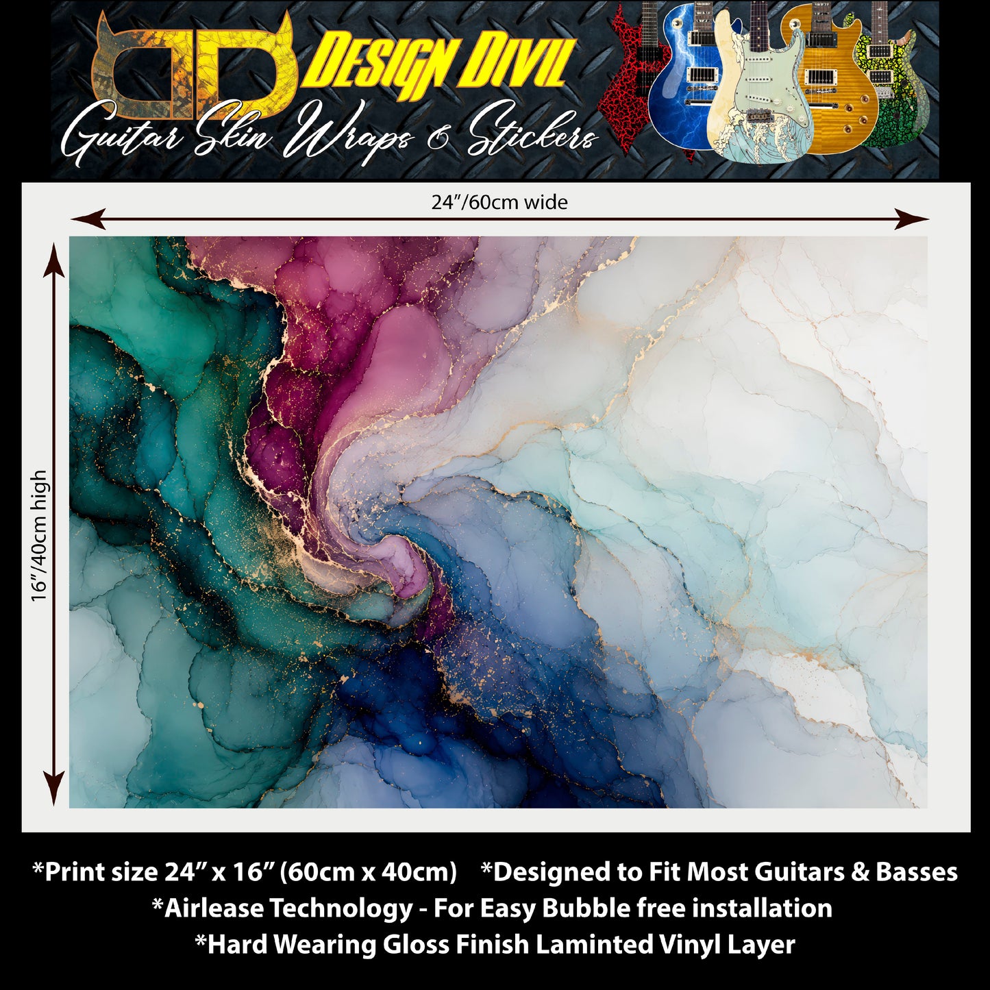 Guitar Vinyl Wrap Skins The Ethereal Ink Laminated Vinyl Print for Guitars or Bass