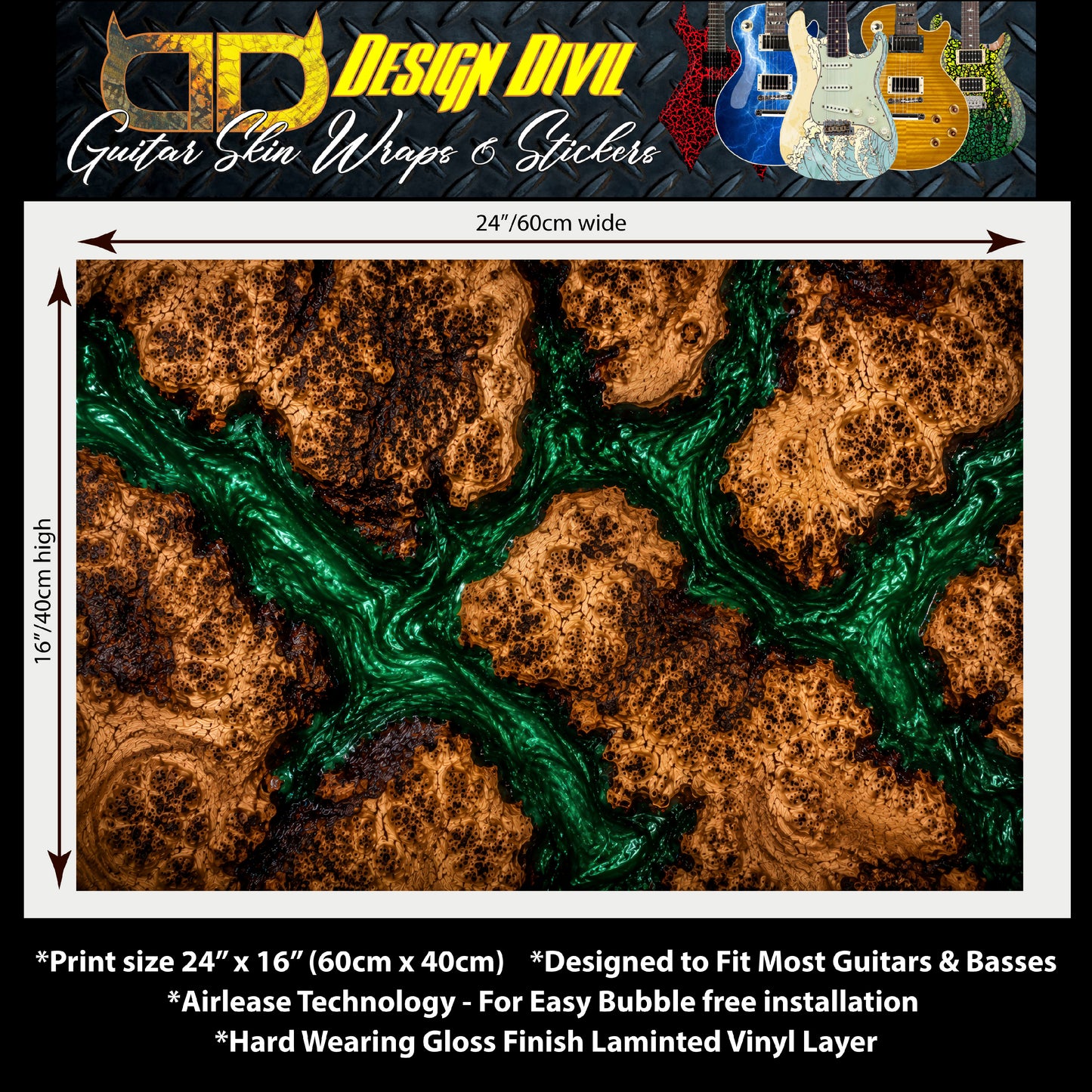 Guitar Vinyl Wrap Skins The Green River Burlwood Laminated Vinyl Print for Guitars or Bass