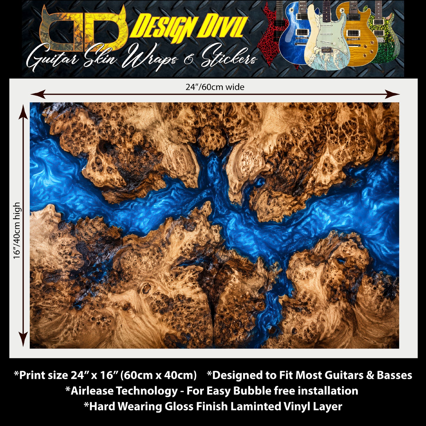 Guitar Vinyl Wrap Skins The Burlwood Resin River Laminated Vinyl Print for Guitars or Bass