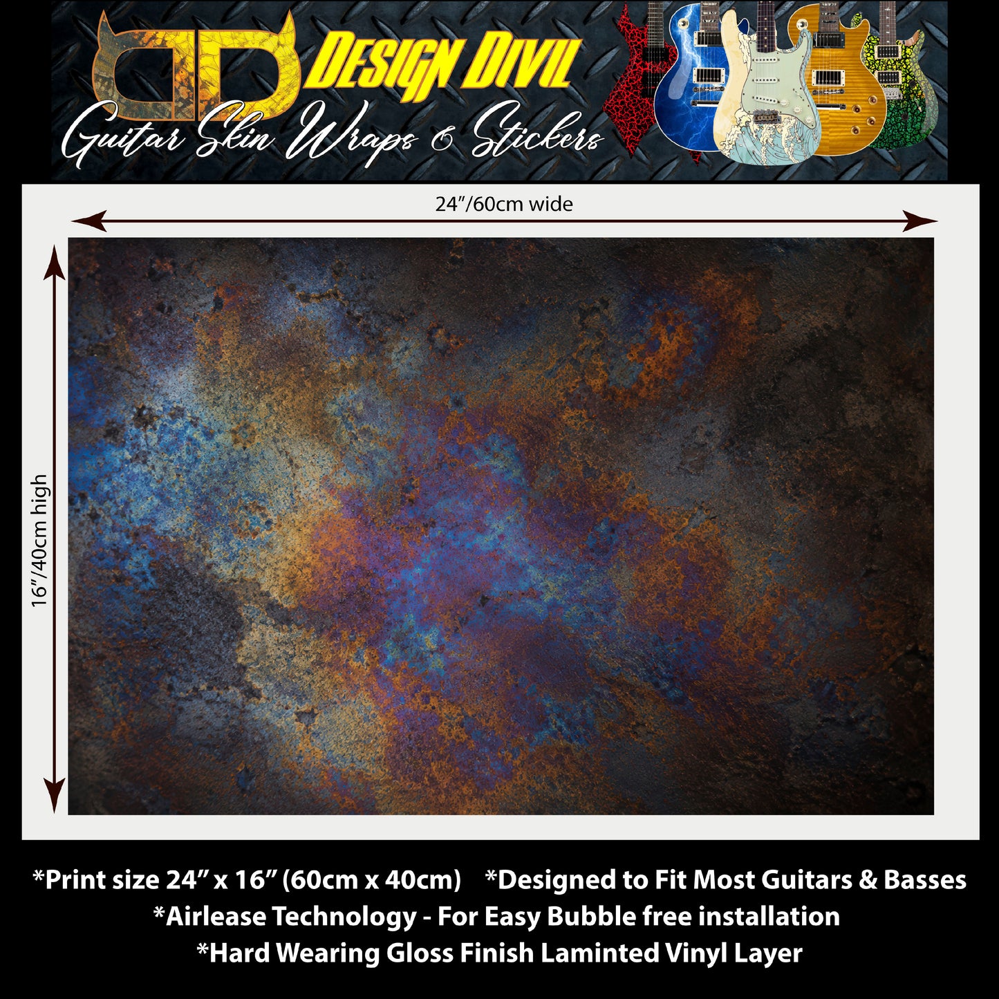 Guitar Vinyl Wrap Skins The Corroded Metal Laminated Vinyl Print for Guitars or Bass