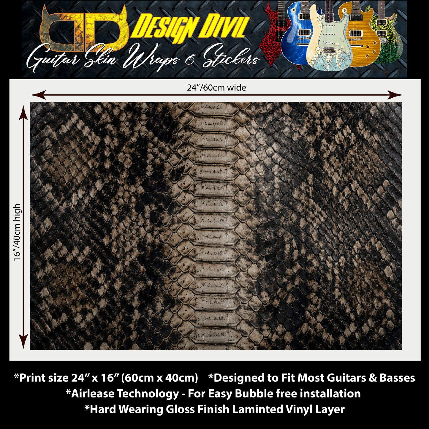 Guitar Skin Wraps The Cobra Strike Laminated Airlease Vinyl Print for Guitars or Bass