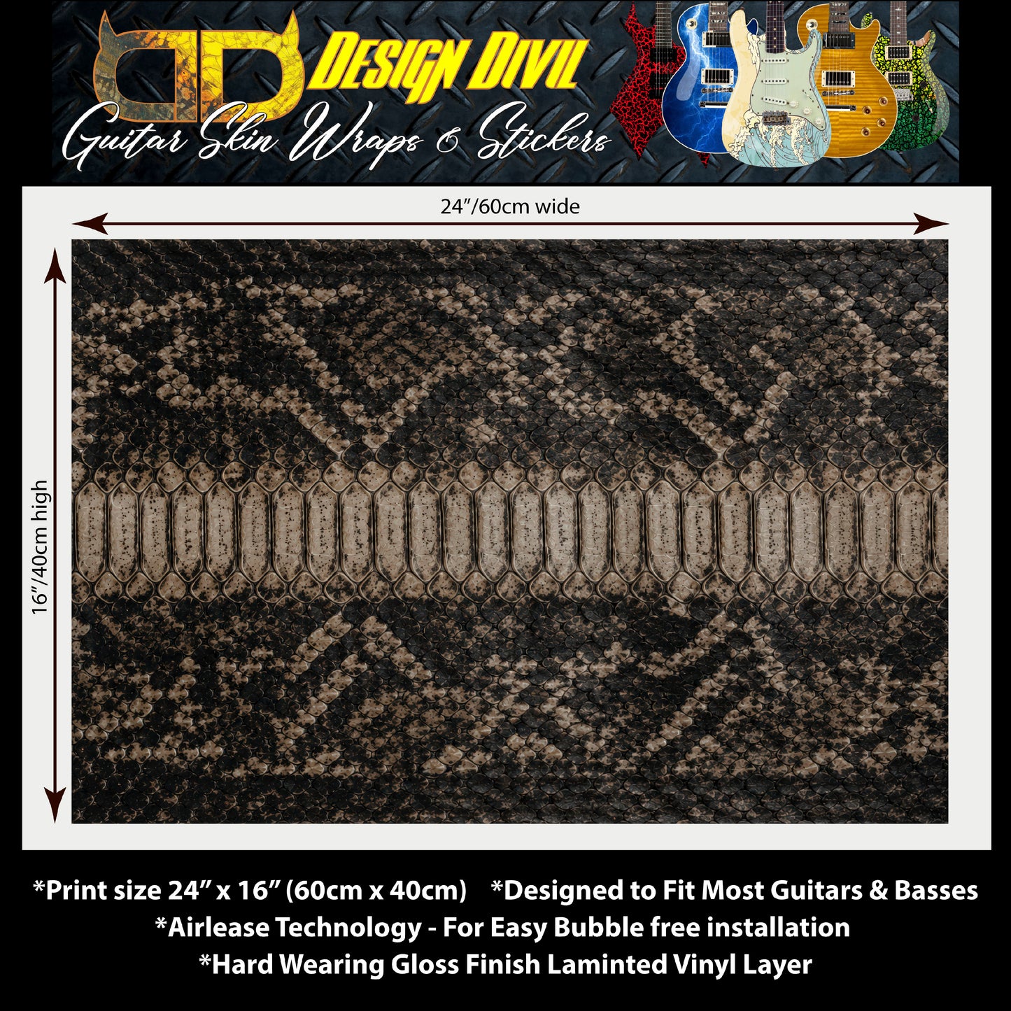 Guitar Skin Wraps The Cobra Laminated Airlease Vinyl Print for Guitars or Bass