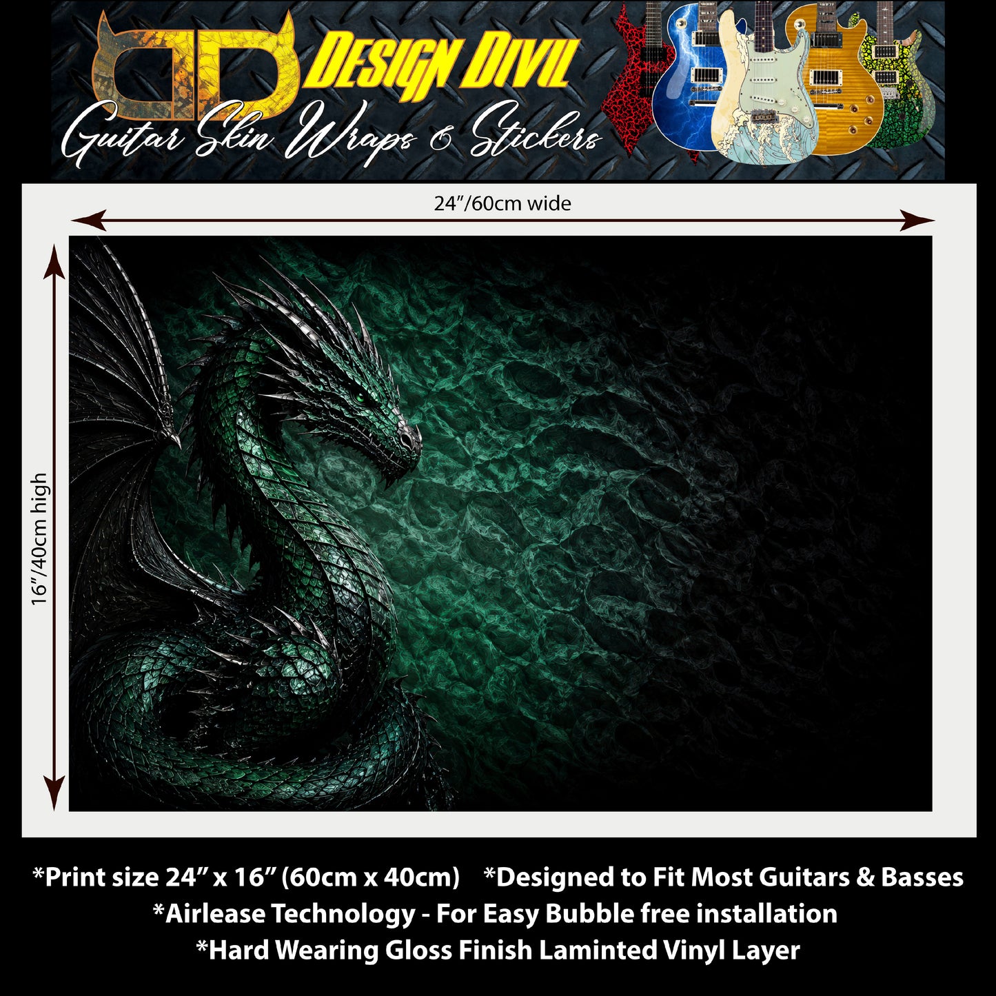 Guitar Skin Wraps The Emerald Dragon Airlease Vinyl Print for Guitars or Bass