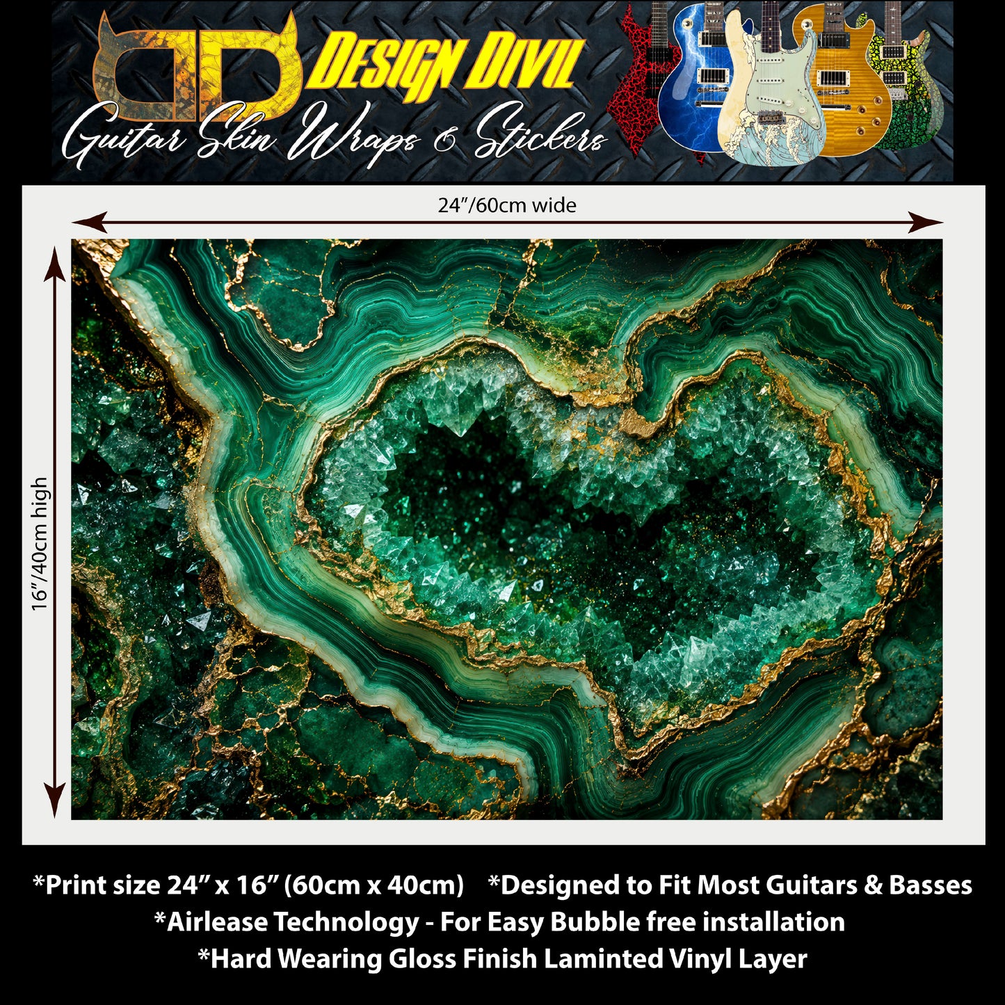 Guitar Skin Wraps The Emerald Geode Airlease Vinyl Print for Guitars or Bass