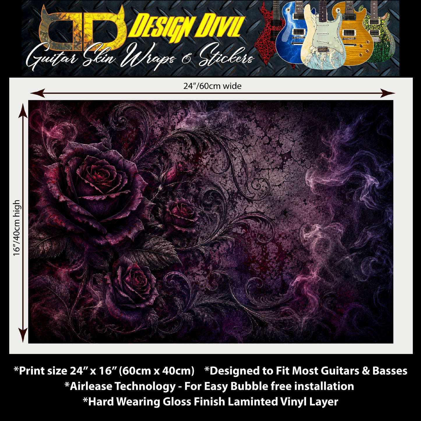 Guitar Skin Wraps The Gothic Roses Airlease Vinyl Print for Guitars or Bass