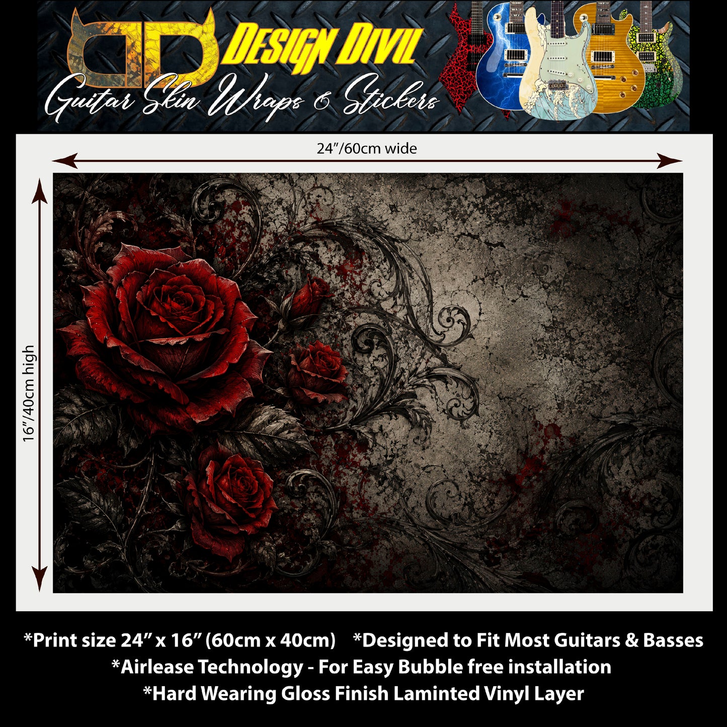 Guitar Skin Wraps The Red Roses Airlease Vinyl Print for Guitars or Bass