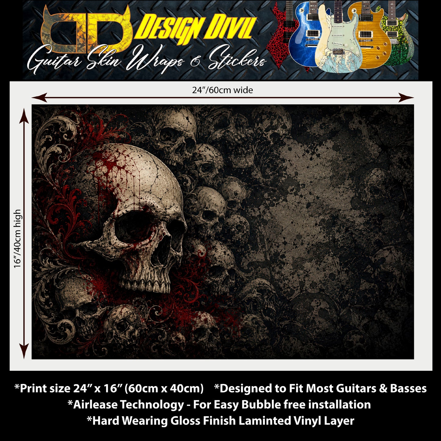 Guitar Skin Wraps The Tattoo Skulls Airlease Vinyl Print for Guitars or Bass