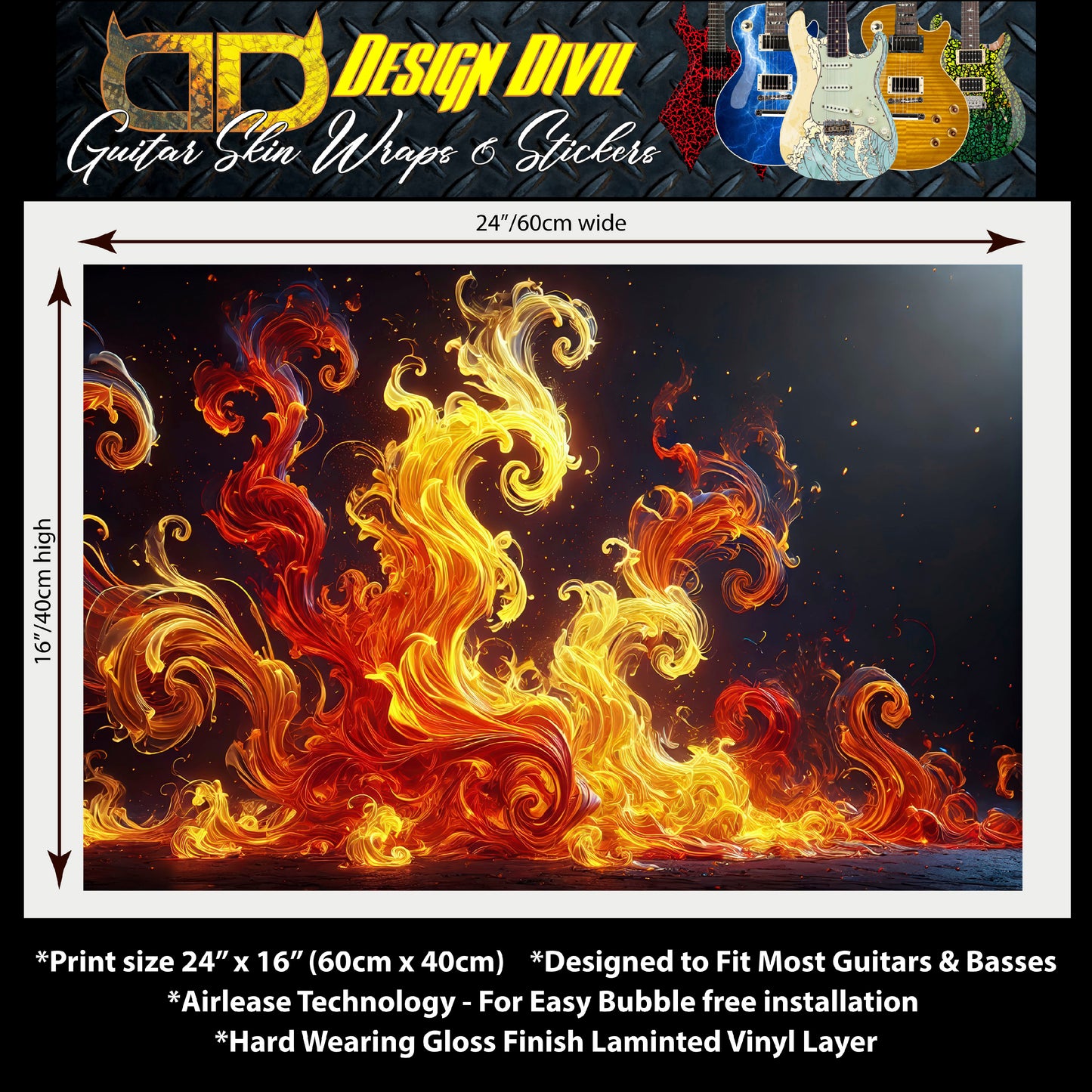 Custom Guitar Wrap The Flamewave Airlease Laminated Vinyl Print for Guitars or Bass