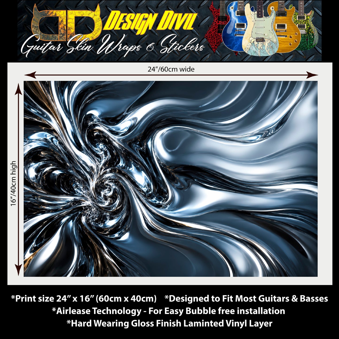 Custom Guitar Wrap The Liquid Metal Airlease Laminated Vinyl Print for Guitars or Bass