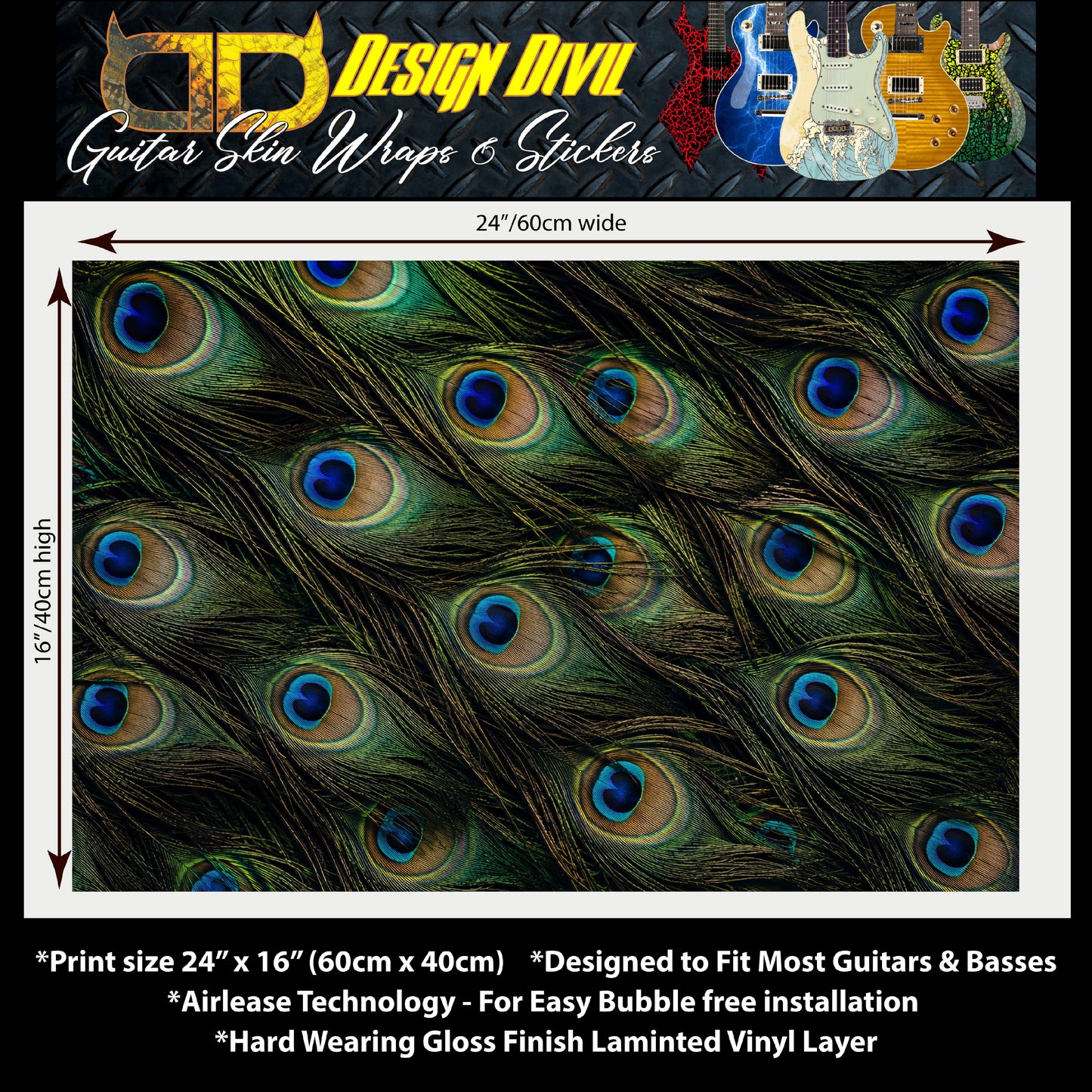 Custom Guitar Wrap The Peacock Airlease Laminated Vinyl Print for Guitars or Bass
