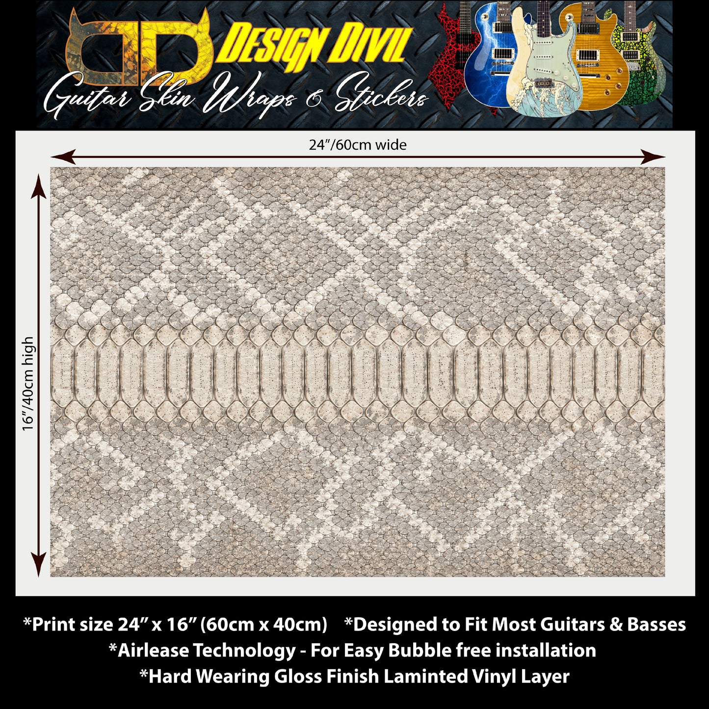Custom Guitar Wrap The White Python Airlease Laminated Vinyl Print for Guitars or Bass