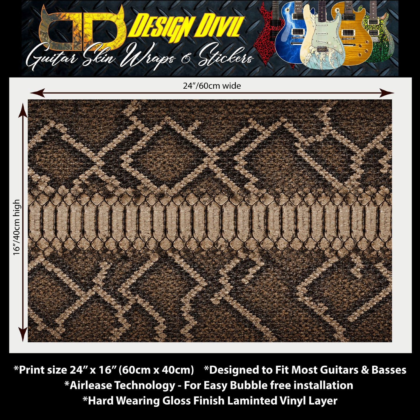Custom Guitar Wrap The Python Laminated Airlease Vinyl Print for Guitars or Bass