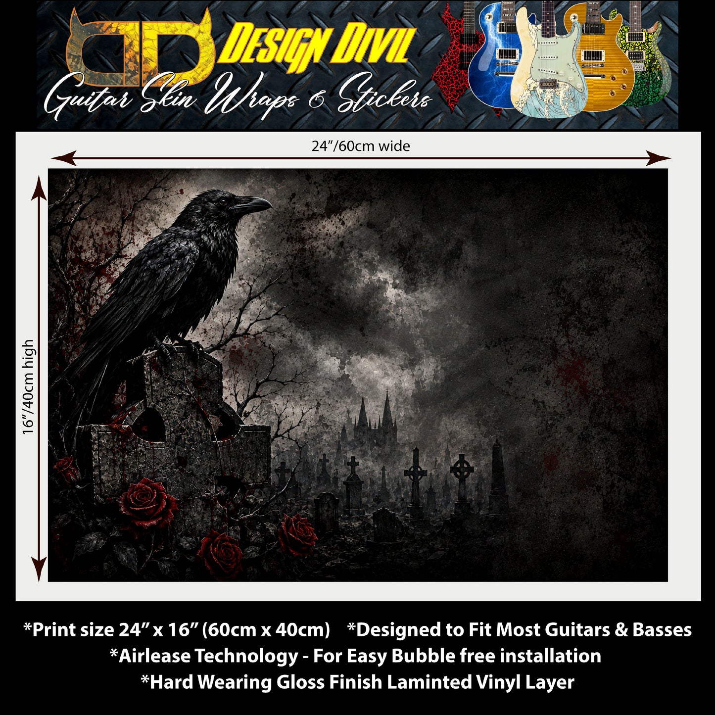 Custom Guitar Skin Wrap The Crow Laminated Airlease Vinyl Print for Guitars or Bass