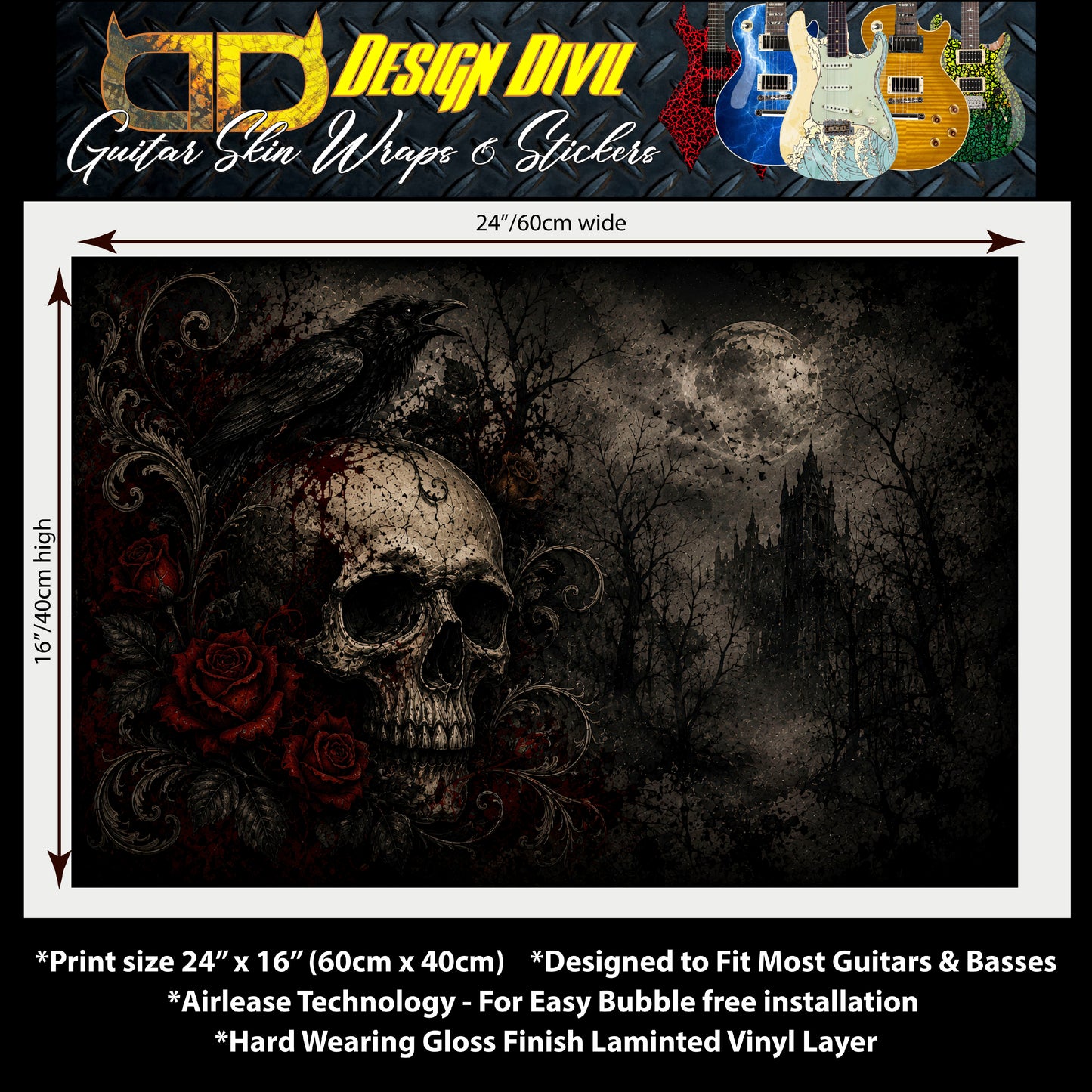 Custom Guitar Skin Wrap The Moonlight Skull Laminated Airlease Vinyl Print for Guitars or Bass