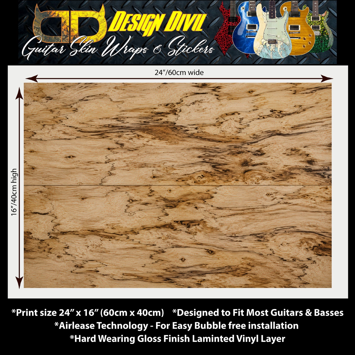 Custom Guitar Wrap The Spalted Maple Laminated Airlease Vinyl Print for Guitars or Bass Mod