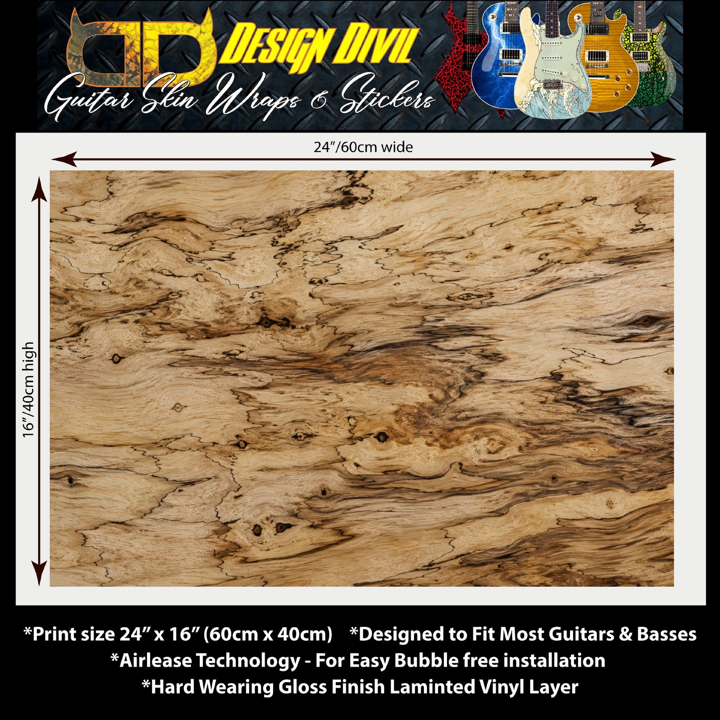 Custom Guitar Wrap The Spalted Maple Woodgrain Vinyl Print for Guitars or Bass