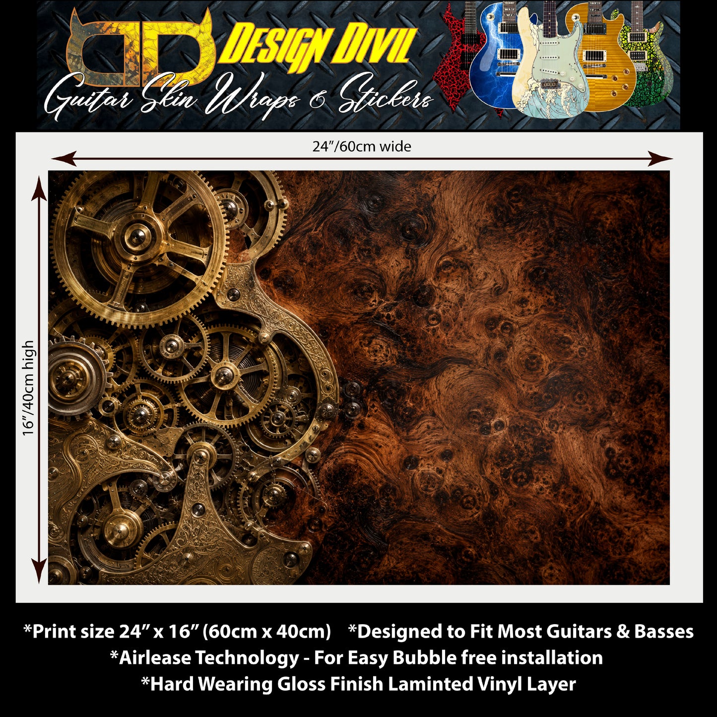 Custom Guitar Wrap The Steampunk Gears Vinyl Print for Guitars or Bass