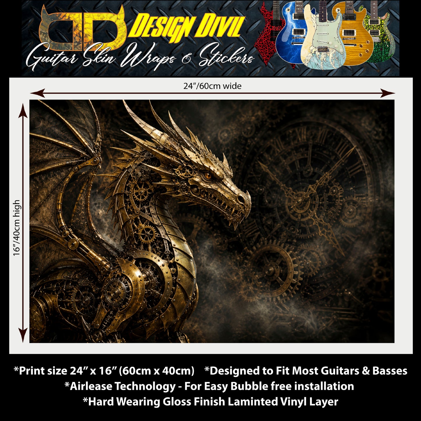 Custom Guitar Wrap The Steampunk Dragon Vinyl Print for Guitars or Bass