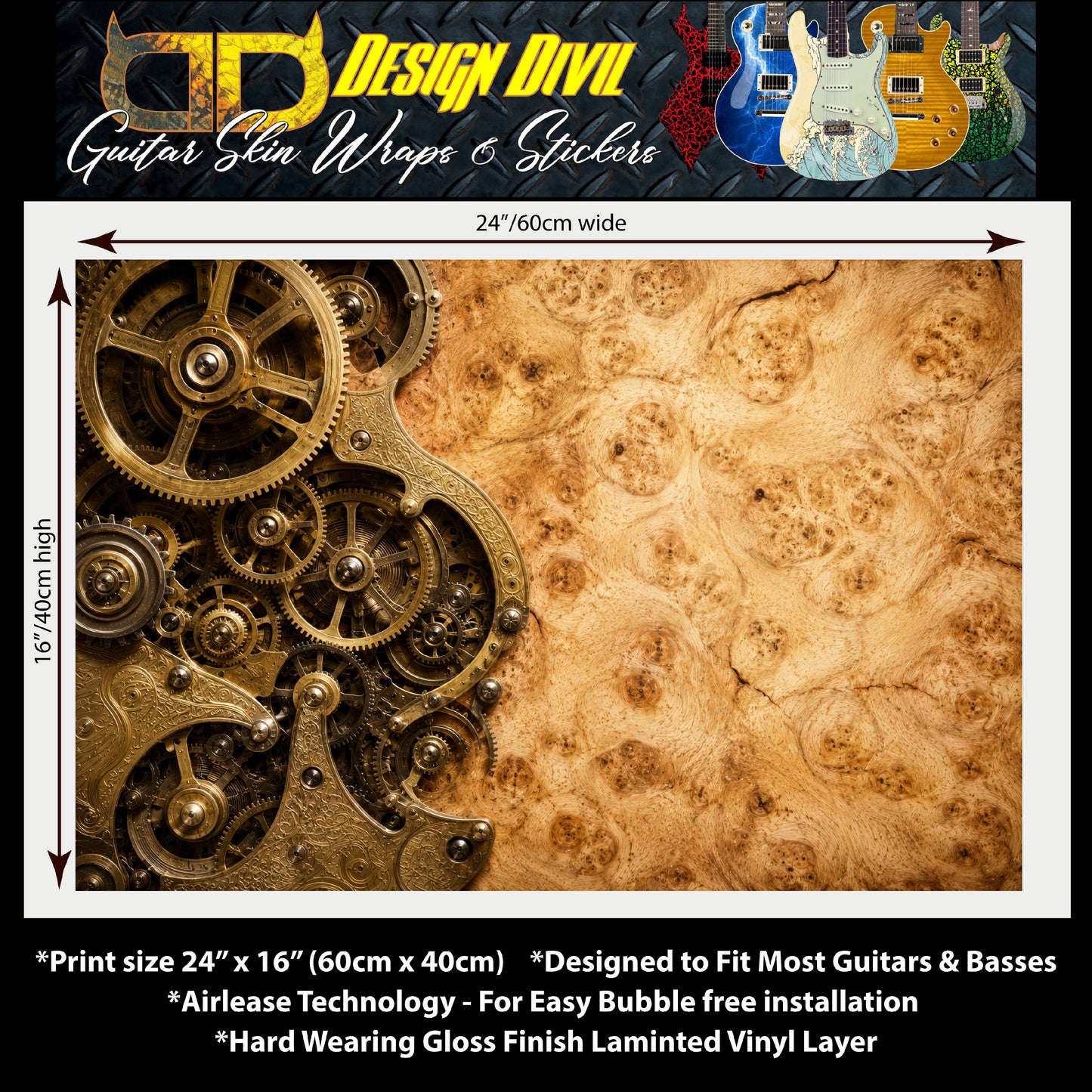 Custom Guitar Wrap The Steampunk BurlCog Vinyl Print for Guitars or Bass