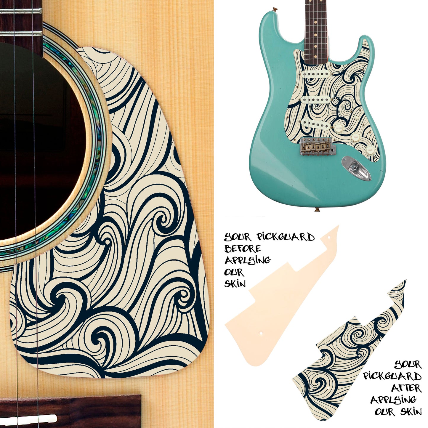 Guitar Custom PickGuard Sticker Skins. Customise your own existing Pickguard, Headstock, Tremolo Cover plate. The Swirls PK11